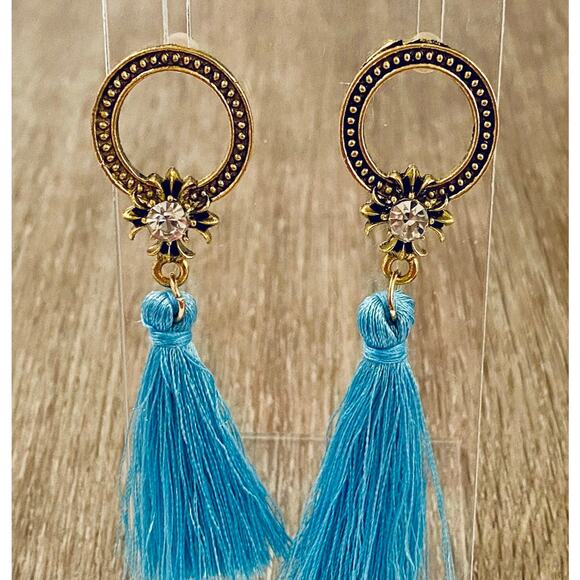 Antique Gold Rhinestone Tassel Earrings - Picture 1 of 1